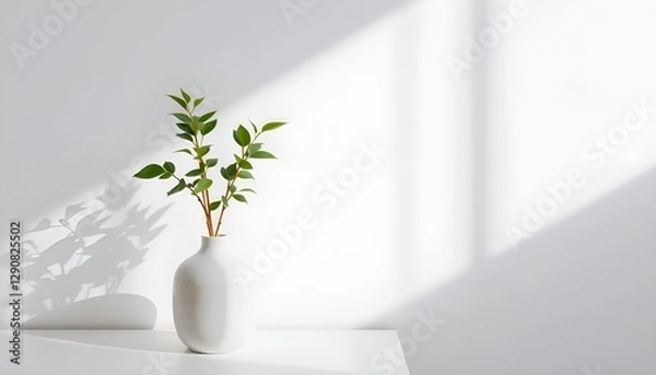 Obraz twig with green leaves in a white vase on a white table with light shadows. Perfect for minimalist concepts and natural home decor.
