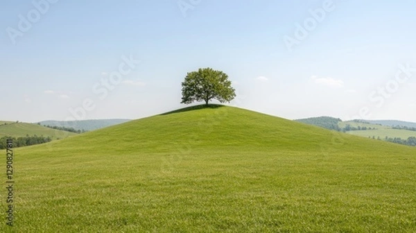 Obraz Lone tree atop green hill, scenic landscape, summer day, nature background, ideal for peaceful imagery