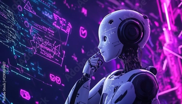 Fototapeta Young AI Robot Education Hud Looking Learning Complex Mathematical Equations Graphs