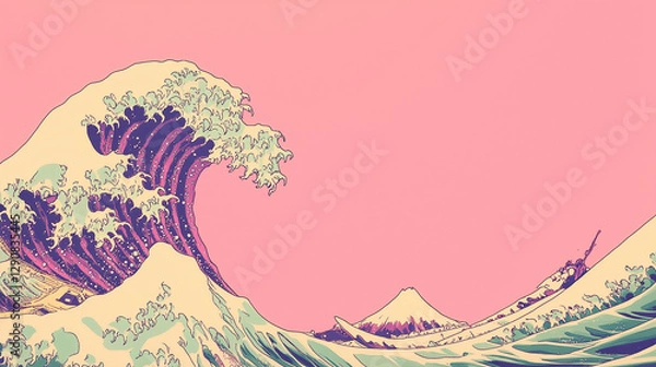 Fototapeta Great wave illustration with pink background in traditional Japanese style. Art design concept