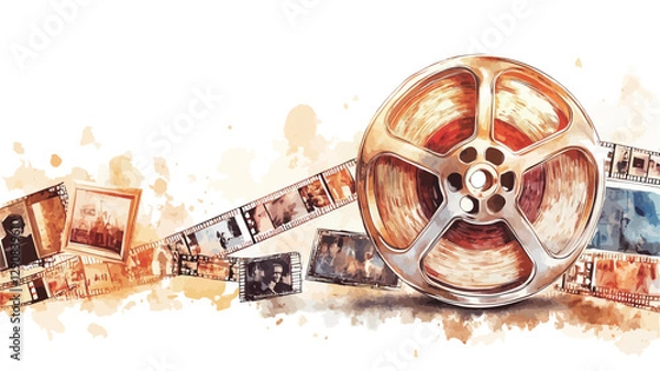 Fototapeta Watercolor-style illustration depicting a film reel and several scattered still photographs. The reel is centrally positioned, showing signs of age and wear. The photographs are smaller and appear