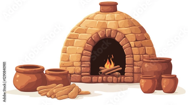 Obraz A digital illustration depicts a dome-shaped clay oven constructed of light brown bricks.  The oven features a dark archway revealing a small fire with flames. Several terracotta-colored clay pots
