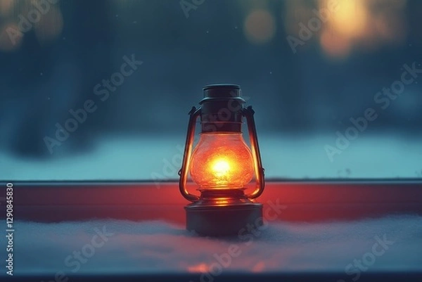 Fototapeta A glowing lantern sits on a snowy windowsill, casting a warm light against the twilight backdrop.