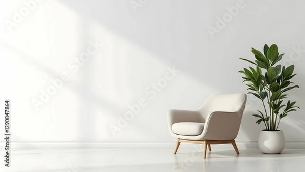 Fototapeta Beige armchair against white empty wall in minimalist modern interior