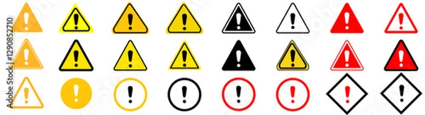 Fototapeta Caution warning signs set. attention vector icon, yellow, red and black fatal error message element, exclamation mark icon vector. Icone danger, danger sign collection, caution alarm set, triangular w