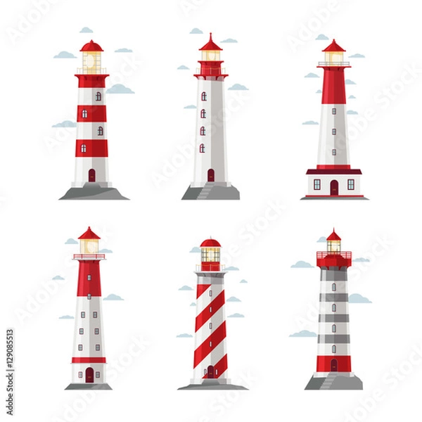 Obraz Kreskówka ikony latarni morskiej. Vector beacon lub pharos zestaw dla ilustracji bezpieczeństwa na morzu