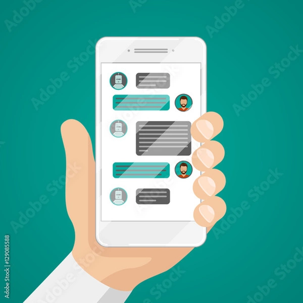 Fototapeta Man chatting with chat bot on smartphone vector illustration