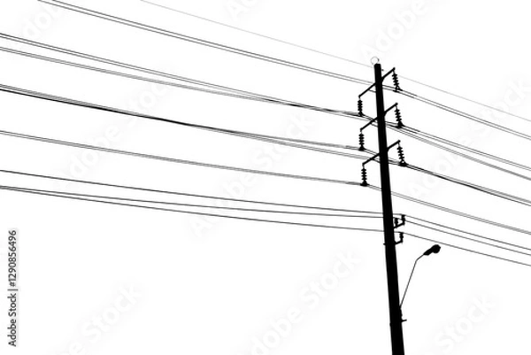 Fototapeta Silhouette of high voltage electric pole with connected wires isolated on transparent background png file.