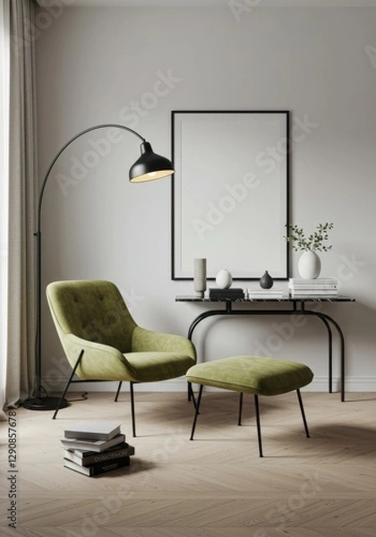 Fototapeta home interior Frame mockup, ISO A paper size. Living room wall poster mock up. empty mockup with house background. Modern interior design. 3D render