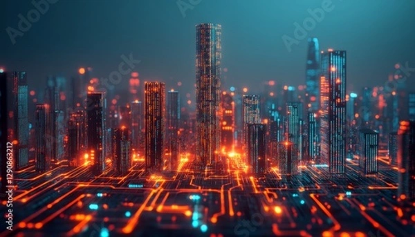Obraz Futuristic Cityscape On Glowing Circuit Board Digital Age, Technology, And Innovation