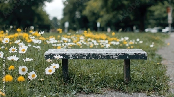Fototapeta Park bench amidst flowers, tranquil urban setting. Possible use Nature, peace, quiet