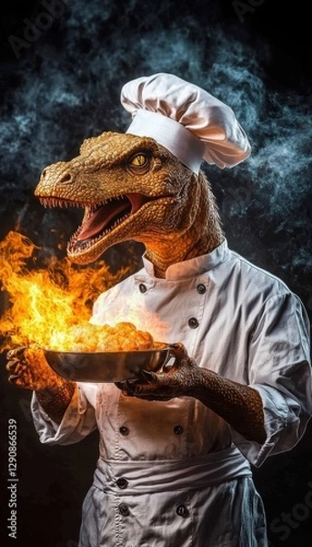 Fototapeta A reptilian chef flambes a dish, showcasing culinary skills and a unique perspective on gastronomy.