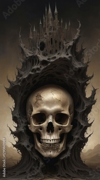 Fototapeta Ancient Skull Throne with a Decayed Gothic Castle
