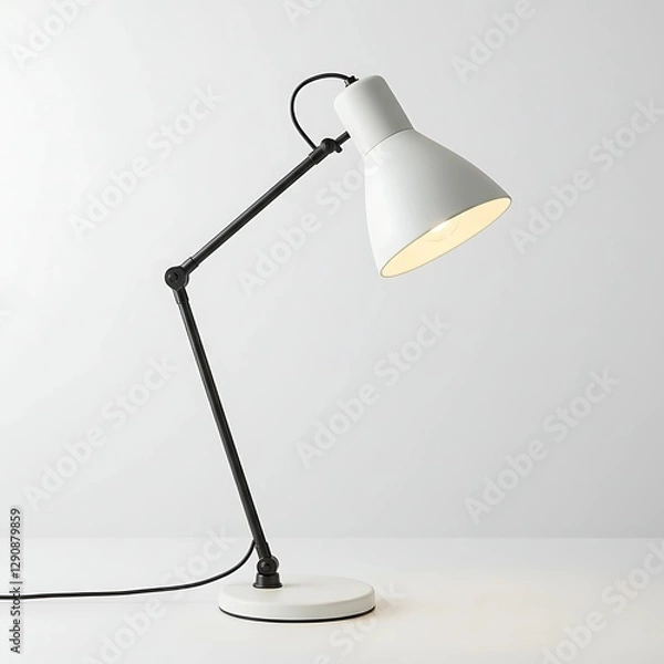 Fototapeta A modern white and black adjustable desk lamp with a round base on a white surface against a white wall