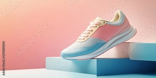 Obraz Close up of white and pink sneakers on a red and blue background