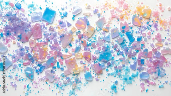 Fototapeta Colorful abstract background featuring vibrant splashes and cubes, decorated with a seamless pattern of flowers and confetti, perfect for celebrations and spring themes