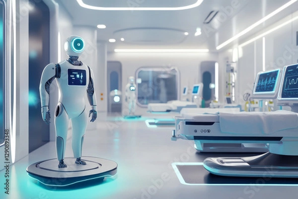 Fototapeta A humanoid robot stands on a platform in a modern hospital, surrounded by advanced medical devices and sterile patient rooms, showcasing future healthcare technology. Generative AI