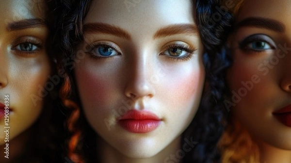 Fototapeta Three dolls representing a woman with different colored eyes - blue, green and brown