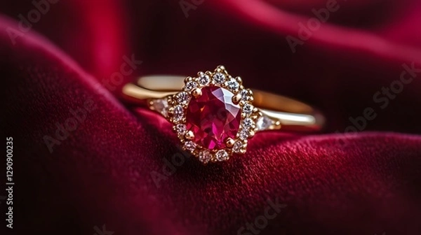 Fototapeta A beautiful ruby ring set on a rich red velvet fabric, sparkling under soft light