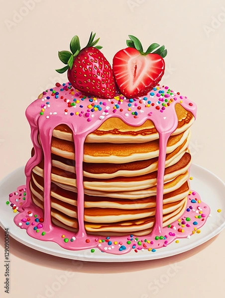 Obraz Delicious stack of pancakes with pink glaze, strawberries and colorful sprinkles on top