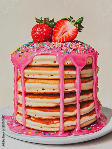 Obraz Delicious stack of pancakes with pink glaze, strawberries and colorful sprinkles on top