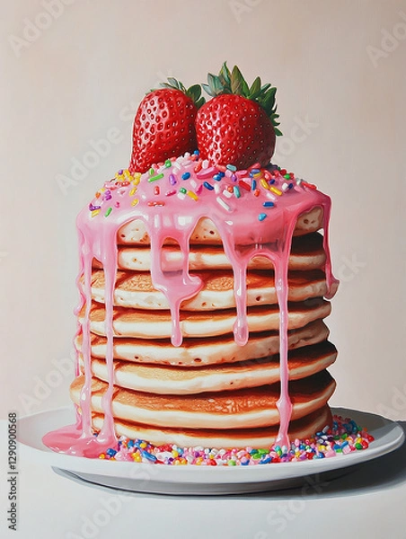 Obraz Delicious stack of pancakes with pink glaze, strawberries and colorful sprinkles on top