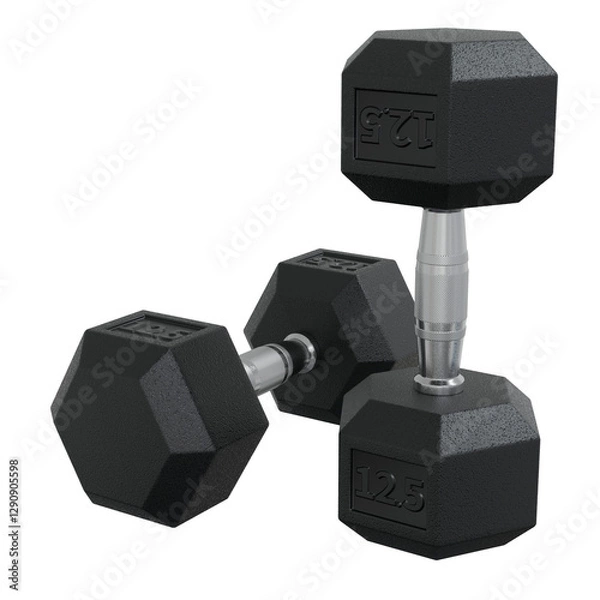 Obraz Hex Dumbbells with number 12.5, weightlifting gym equipment side view. Png clipart isolated on transparent background