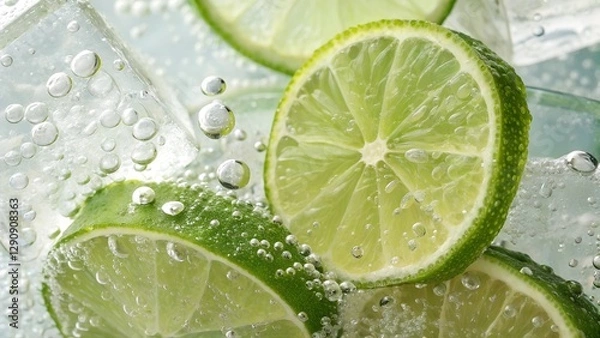 Obraz Invigorating Citrus Splash: The close-up captures the refreshing essence of a cool beverage, with slices of zesty lime suspended amid effervescent bubbles and ice cubes