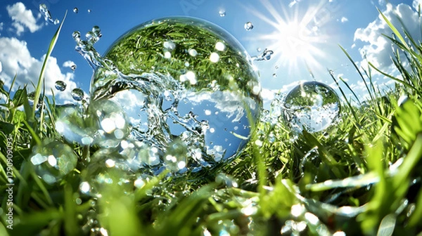 Fototapeta Water droplets splash on grass, sunny day. Environment concept