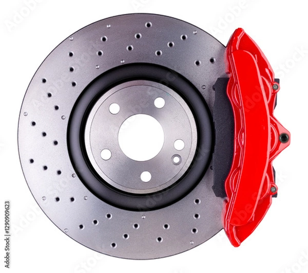 Fototapeta high-performance car disc brake system showcasing a ventilated rotor and a bright red caliper, designed for enhanced stopping power isolated on white background. motorsport and tuning industy.