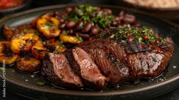 Obraz Deliciously cooked grilled steak slices accompanied by roasted sweet potatoes and black beans, topped with fresh herbs and spices, creating a mouthwatering culinary experience.