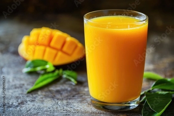Fototapeta A glass of orange juice served with a fresh mango slice, perfect for a healthy snack or breakfast