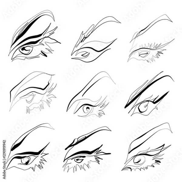Fototapeta Set of nine black and white minimalist lineart  vector illustrations of female eyes with long lashes