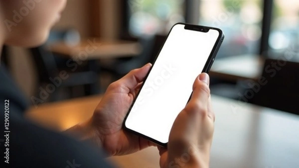 Obraz Макет место для текста. Смартфон в руке человека. Фон кафе 