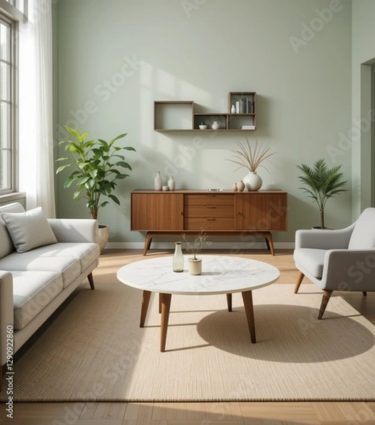 Fototapeta Sunlight pours into a stylish living room featuring a cozy sofa, a sleek coffee table, and elegant decor. A warm color palette enhances the tranquil atmosphere, creating a perfect retreat