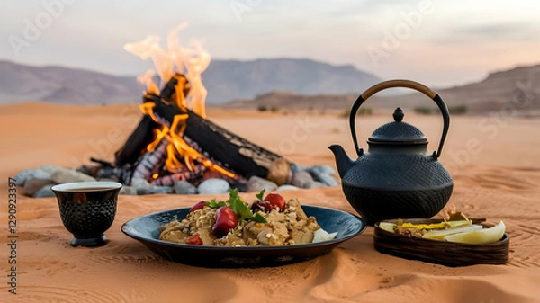 Fototapeta Dates, a teapot, and a cup of tea by a fire in a gorgeous desert setting. Ramadan Kareem