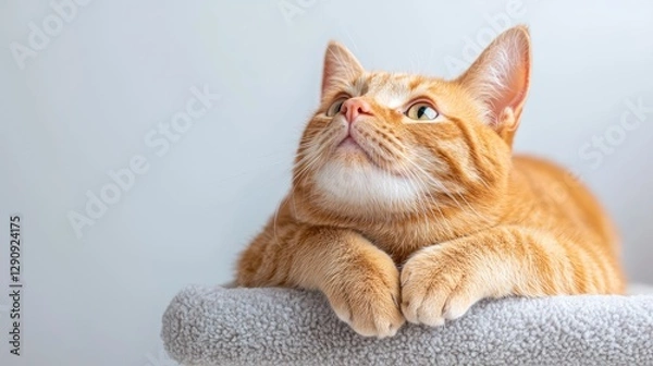 Obraz Orange Cat Looking Up on Cat Tree