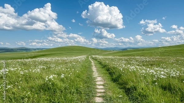 Obraz Stone path through wildflowers, hilltop view, summer day, scenic landscape, travel photo