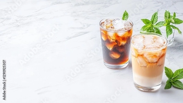 Obraz Iced coffee and latte on marble. Refreshing summer drinks