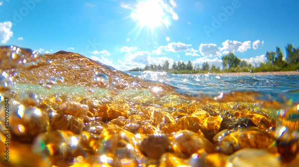 Obraz Sunny day, river rocks underwater, shoreline trees, summer