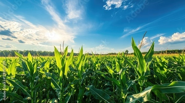 Fototapeta An expansive view of a cornfield under a clear blue sky, vibrant green leaves creating a fresh agricultural backdrop for copy space.