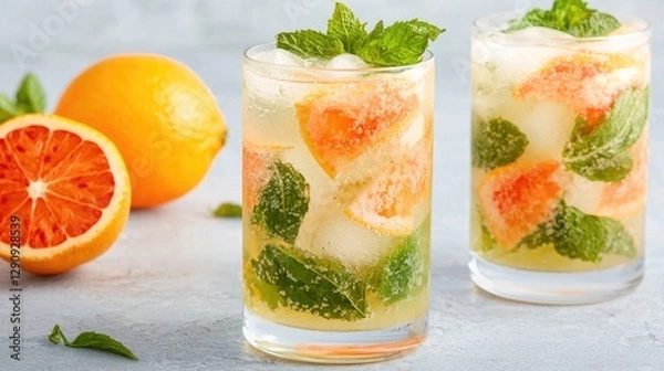 Obraz Refreshing grapefruit mint cocktails on a light gray surface