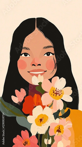 Obraz A stylish and uplifting portrait of a serene woman holding spring blooms, depicted in a contemporary minimalist style
