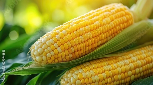 Fototapeta Close-up of vibrant yellow corn kernels on a cob, surrounded by green leaves with space for copy text.