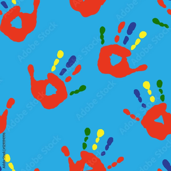 Fototapeta Seamless texture with handprints on a blue background
