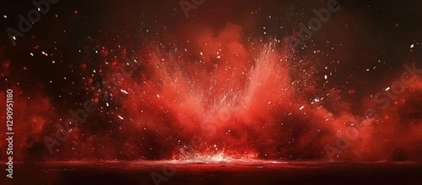 Fototapeta Red explosion of dust and particles against a dark background with intense splashes and sparks creating a dramatic and powerful visual effect