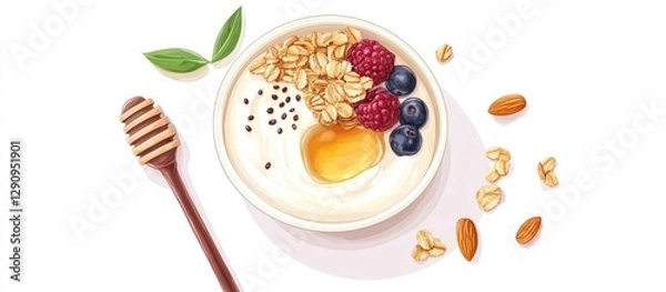 Fototapeta Colorful breakfast bowl featuring Greek yogurt topped with granola, berries, nuts, honey, and chia seeds on a white background with a wooden spoon.