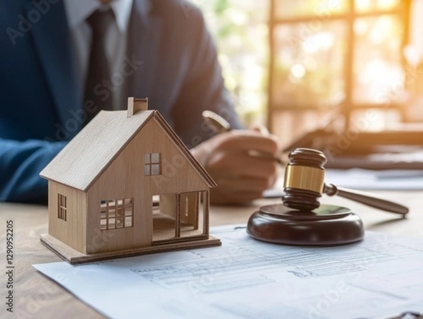 Obraz Flat lay of real estate court action with a house model and gavel on a table, a male lawyer in a blue suit writing on a paper from a shoulder-level perspective.