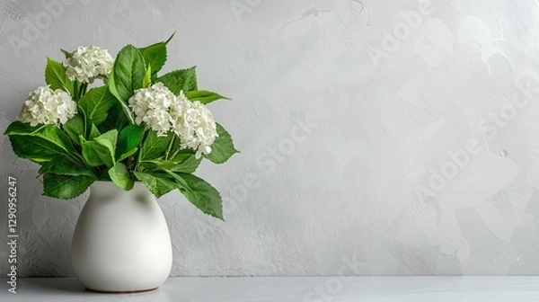 Fototapeta White hydrangea flowers in vase on gray background with copy space. Minimalist studio shot for greeting card, banner, social media design
