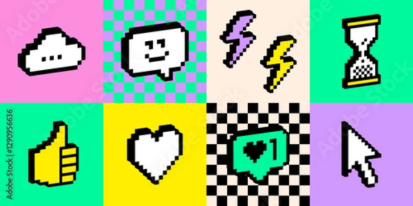 Obraz Bright geometric checked pattern with 3d emoji pixel art icons. Y2k funny colour tech emoticon stickers. Smile, cursor, heart shape, arrow, hand. Game abstract retro style mosaic vector illustration